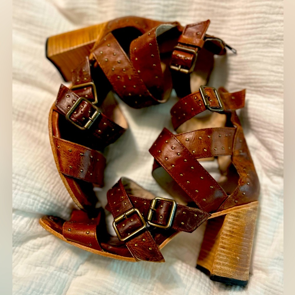 Freebird Tanica Cognac Brown Heeled Leather Sandals